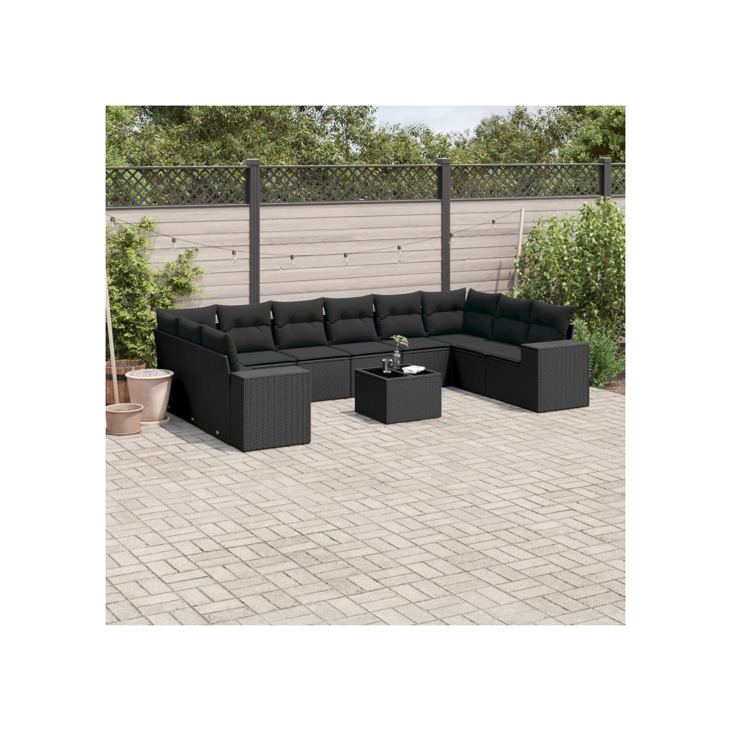 Salon de jardin 11 pcs avec coussins noir résine tressée