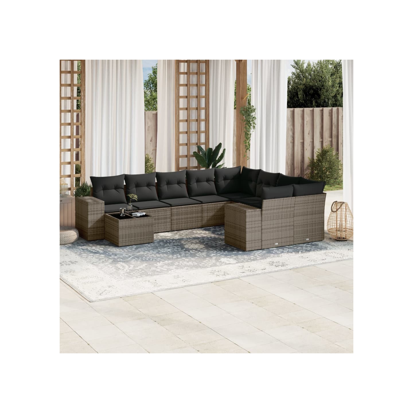 Salon de jardin avec coussins 10 pcs gris résine tressée