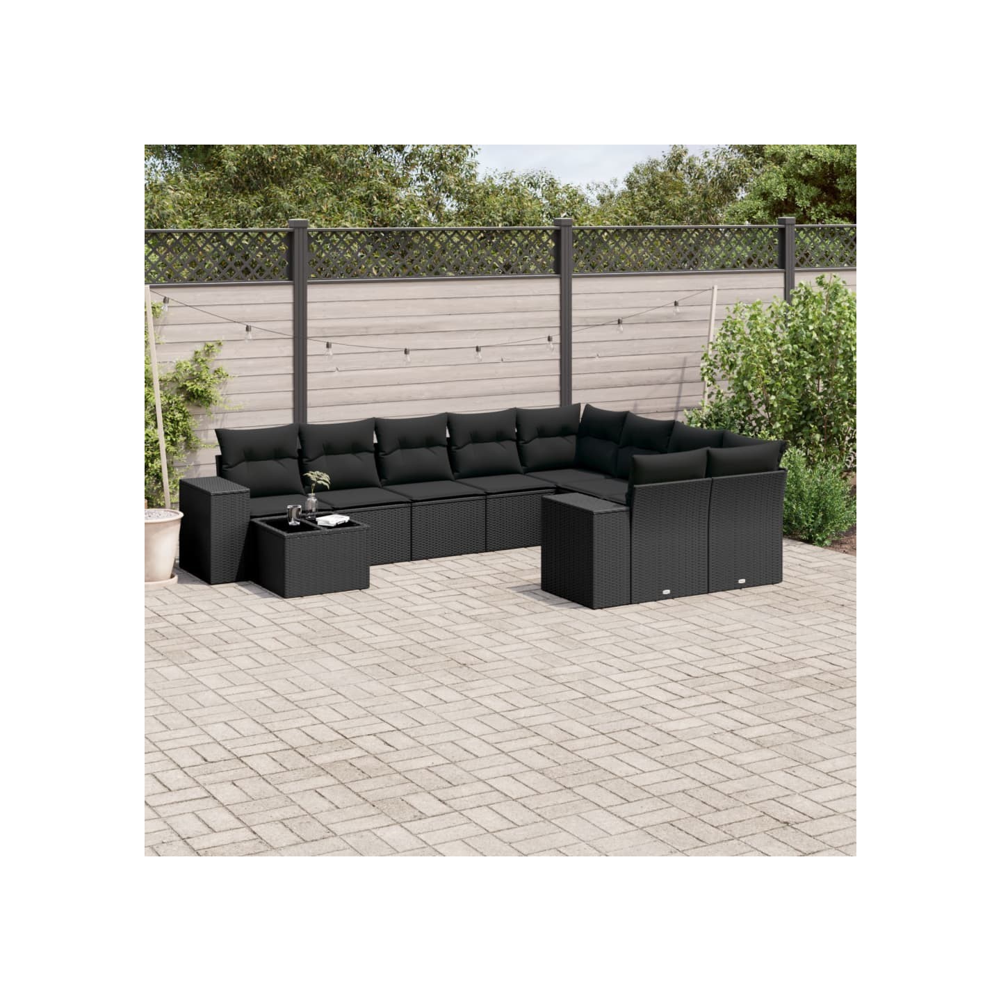 Salon de jardin 10 pcs avec coussins noir résine tressée
