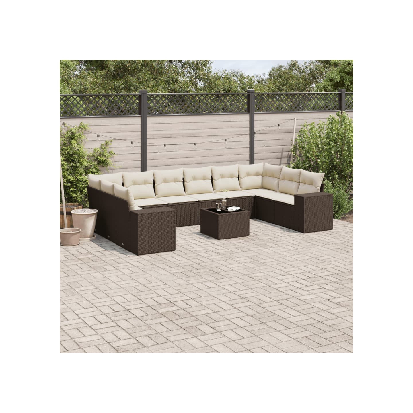 Salon de jardin et coussins 11 pcs marron résine tressée