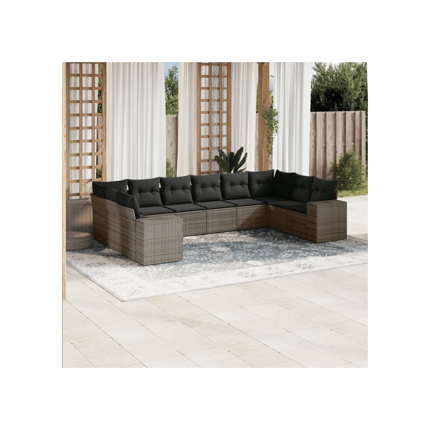 Salon de jardin avec coussins 10 pcs gris résine tressée