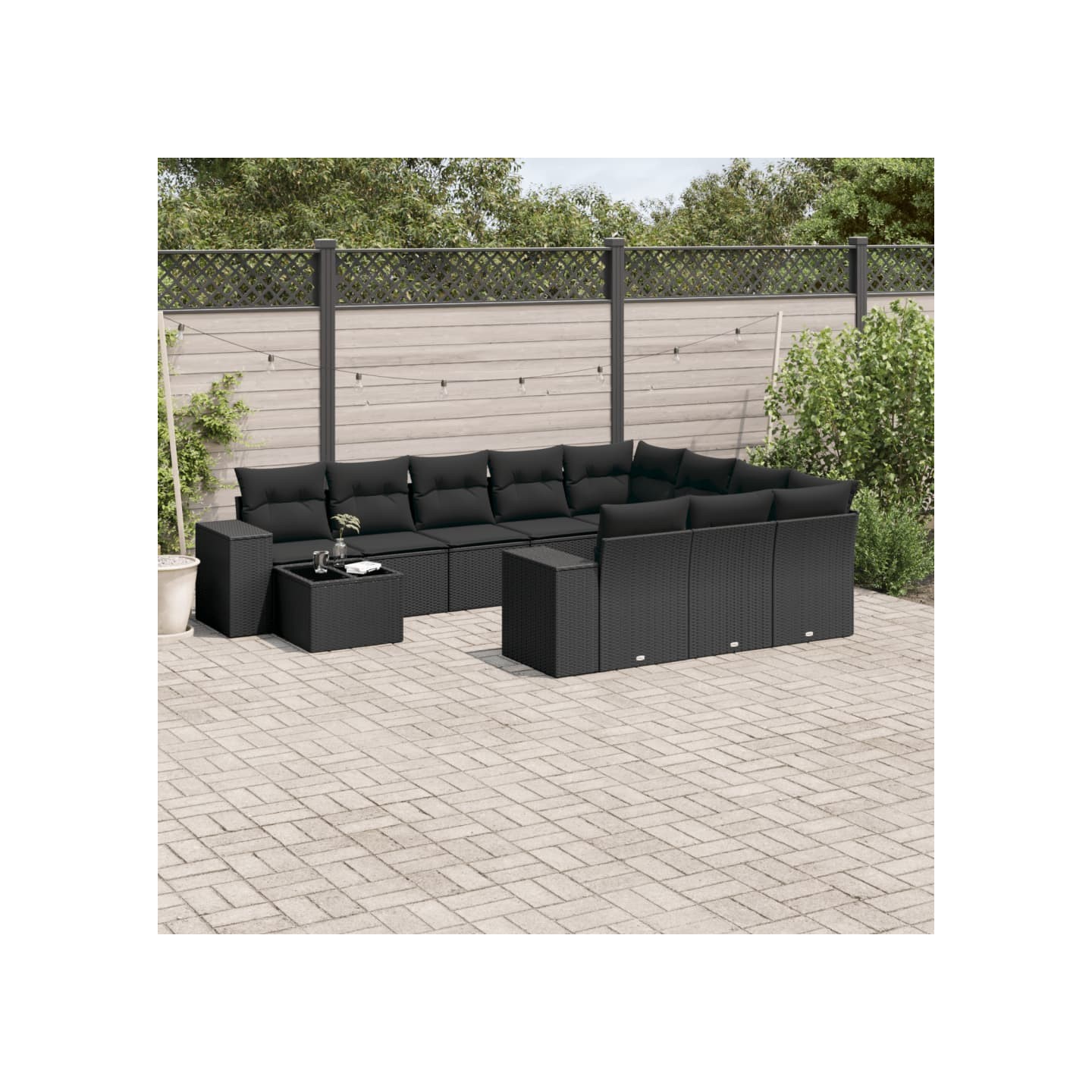 Salon de jardin 11 pcs avec coussins noir résine tressée