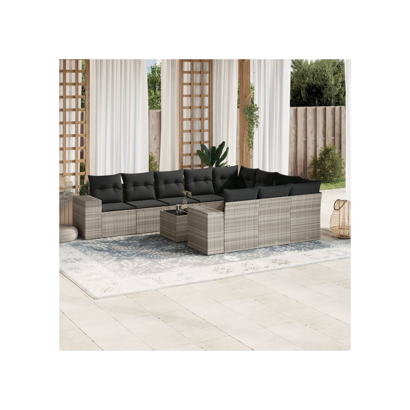 Salon de jardin 11 pcs avec coussins gris clair résine tressée