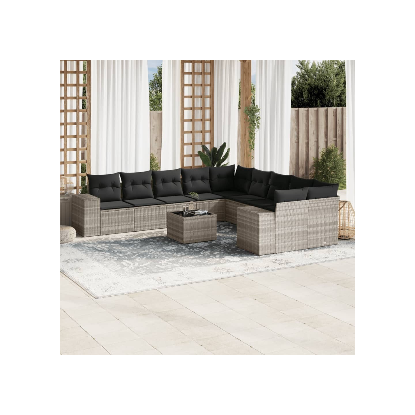 Salon de jardin 11 pcs avec coussins gris clair résine tressée