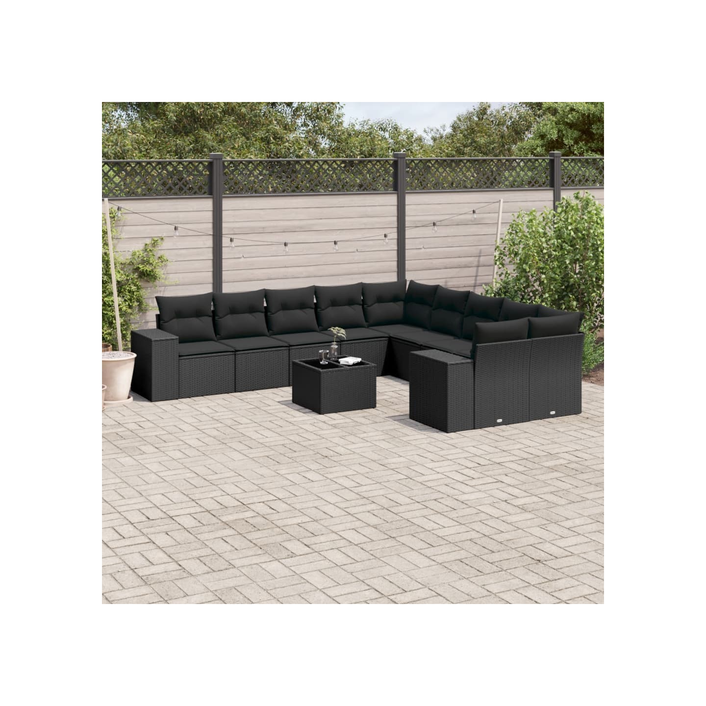 Salon de jardin 11 pcs avec coussins noir résine tressée