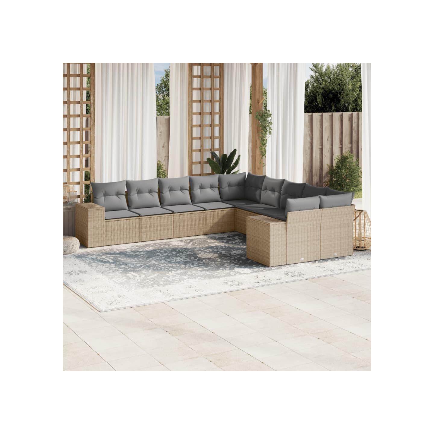 Salon de jardin avec coussins 10 pcs beige résine tressée