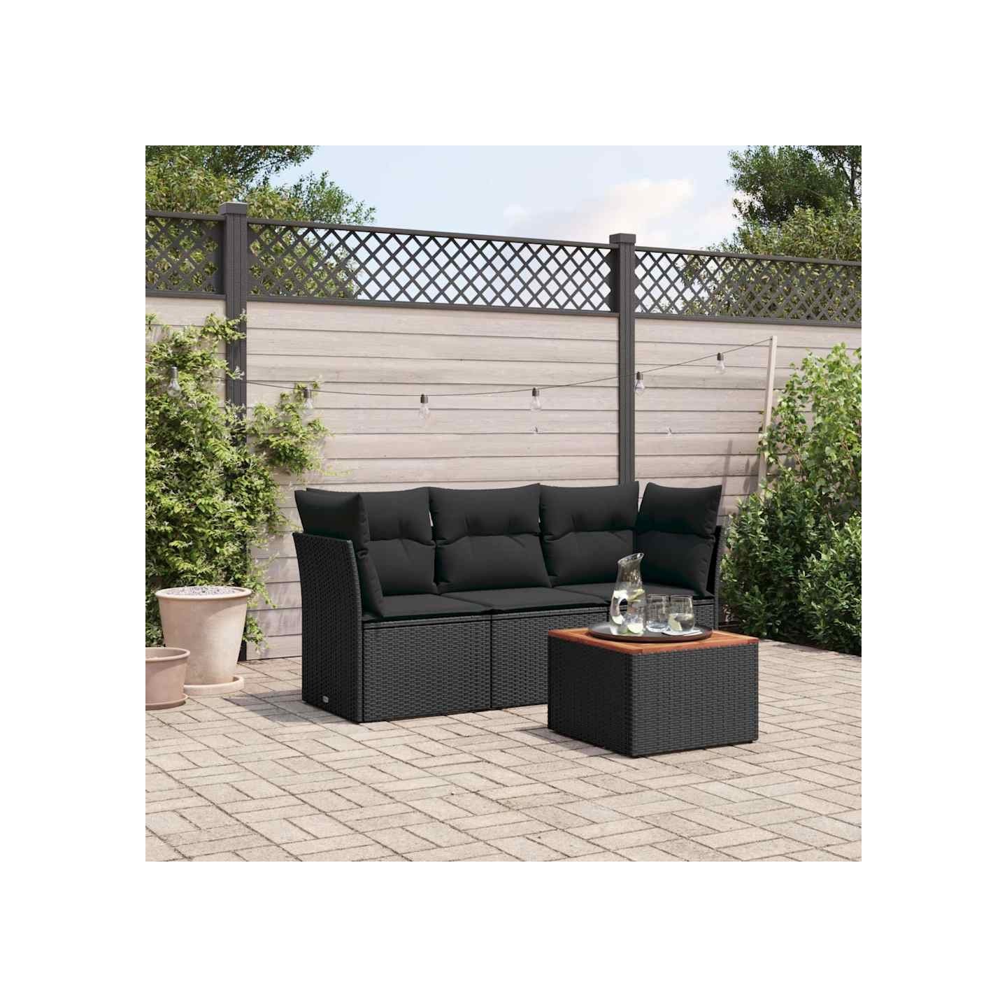 Salon de jardin 4 pcs avec coussins noir résine tressée