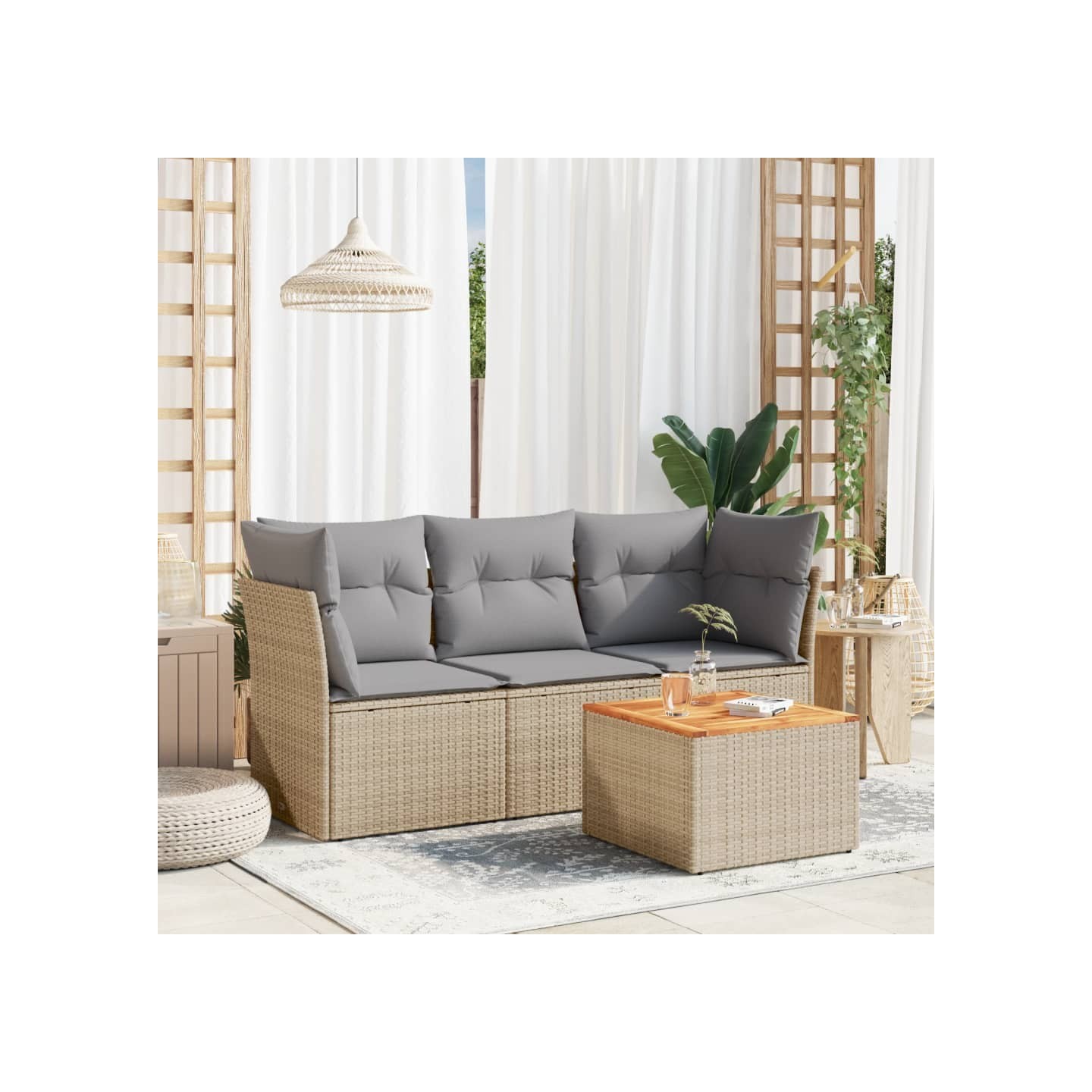 Salon de jardin avec coussins 4pcs mélange beige résine tressée