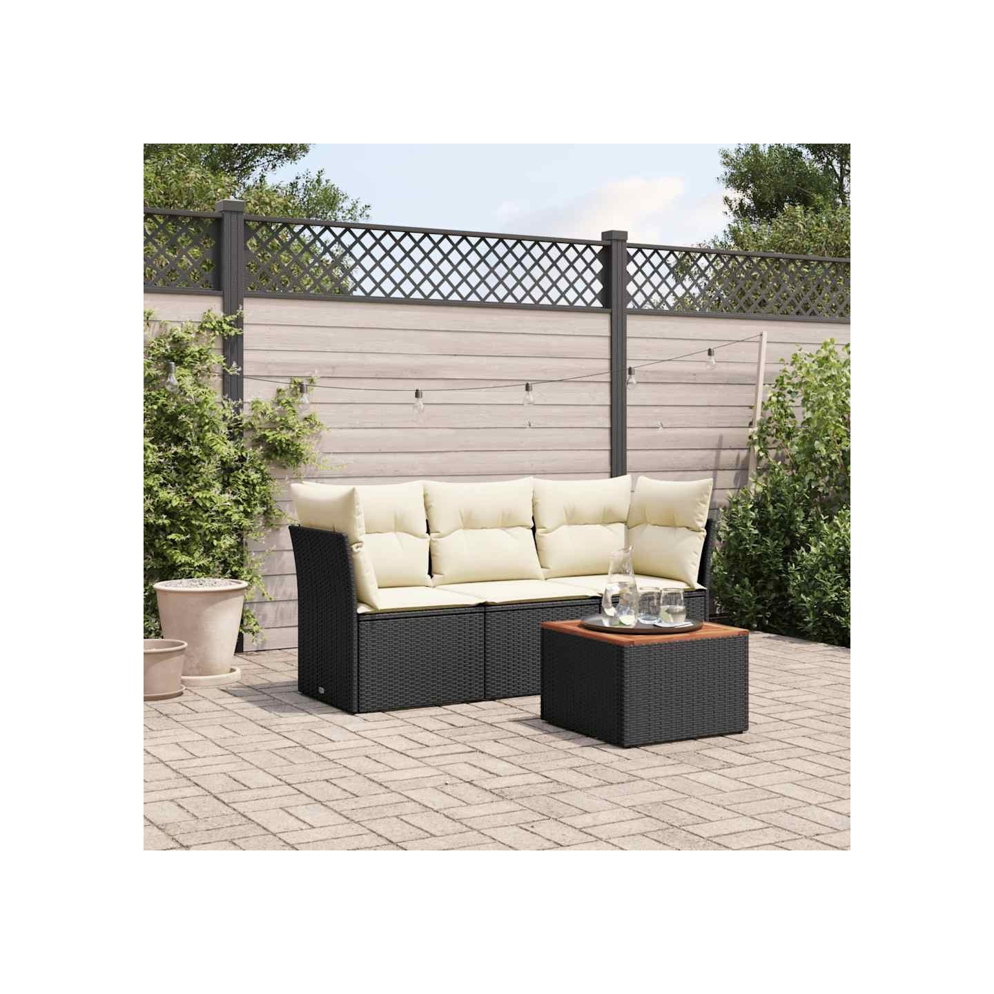 Salon de jardin 4 pcs avec coussins noir résine tressée