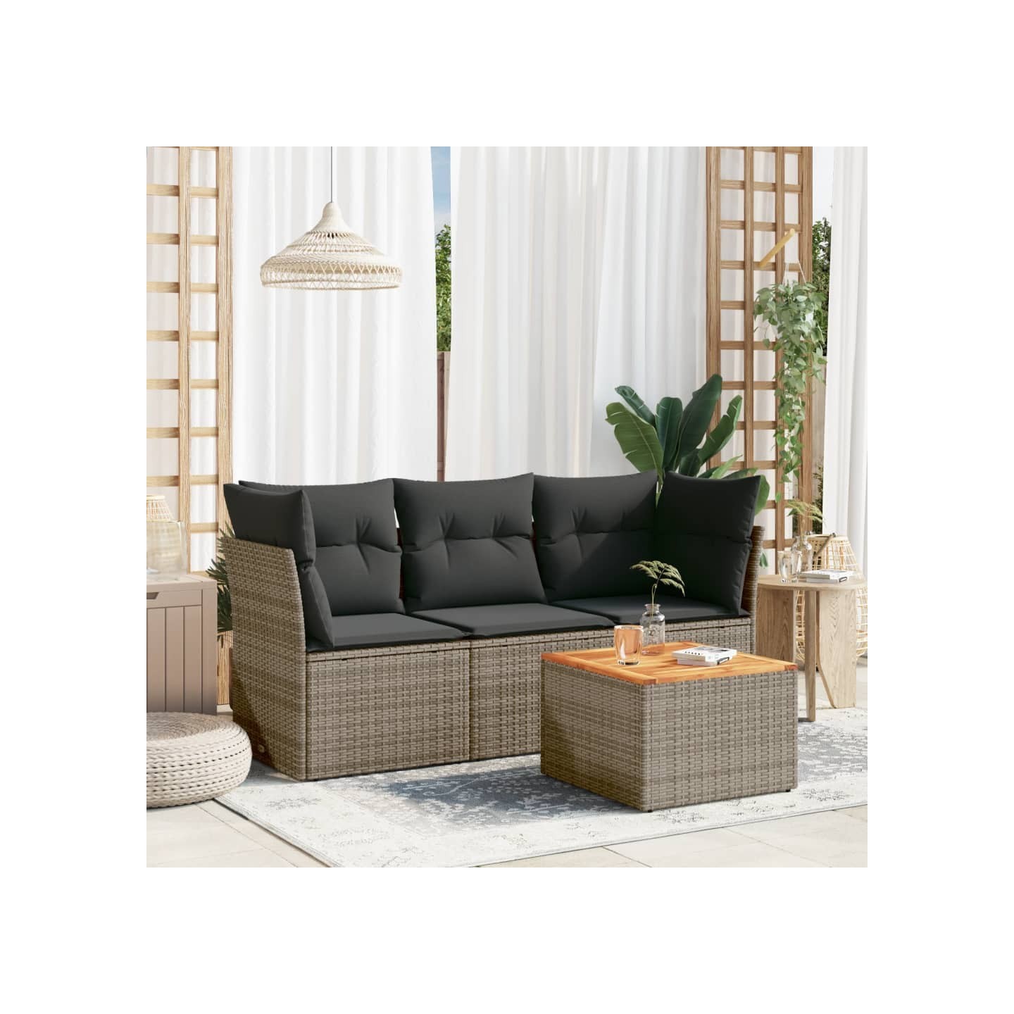 Salon de jardin 4 pcs avec coussins gris résine tressée