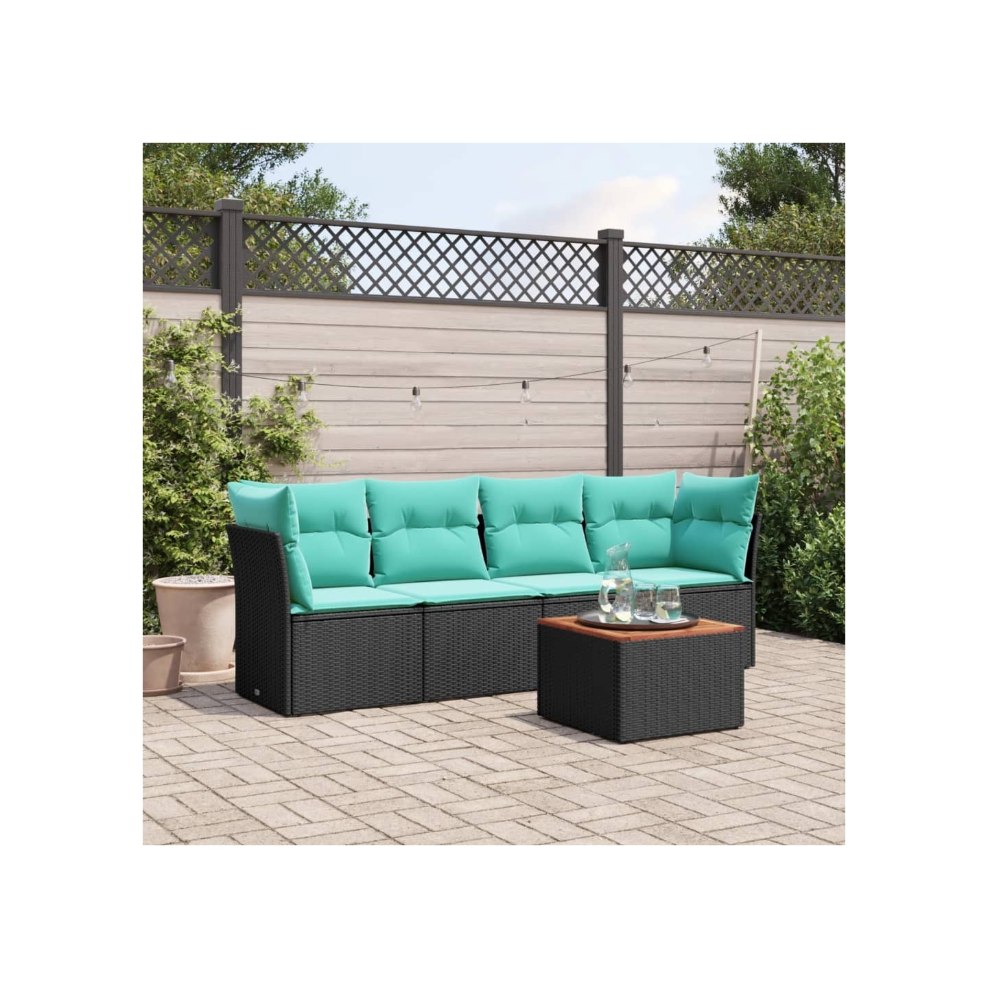 Salon de jardin 5 pcs avec coussins noir résine tressée