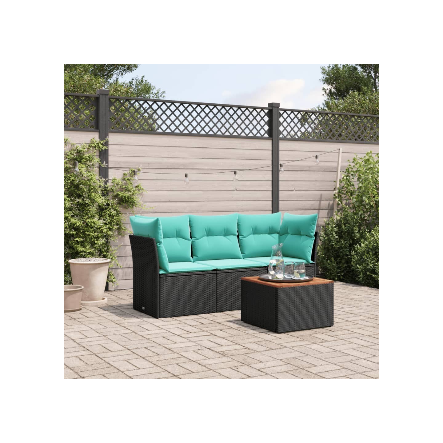 Salon de jardin 4 pcs avec coussins noir résine tressée