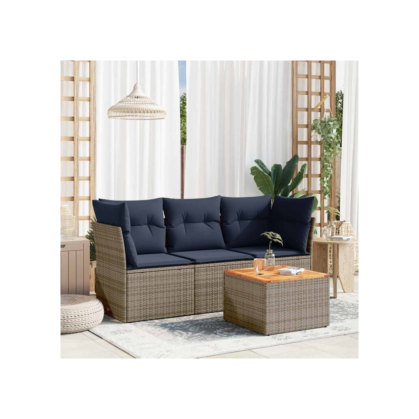 Salon de jardin 4 pcs avec coussins gris résine tressée