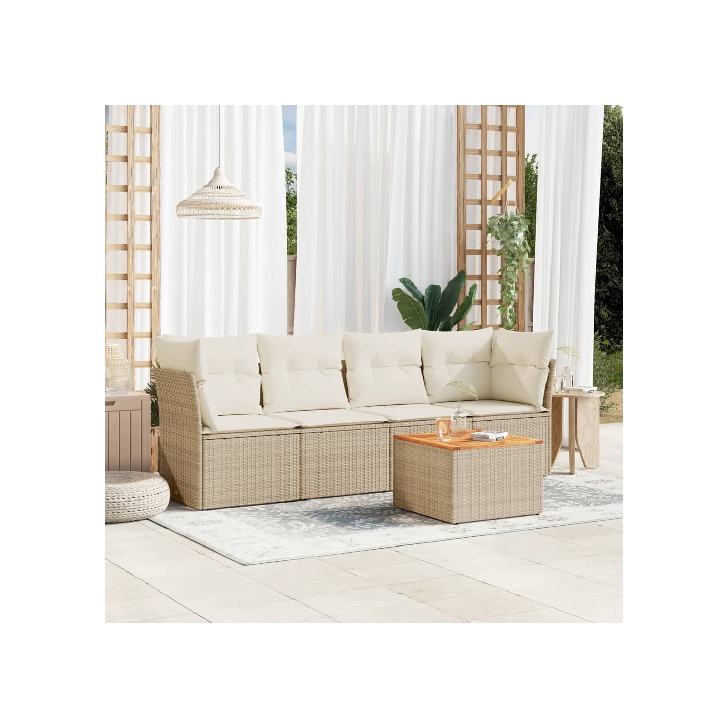 Salon de jardin avec coussins 5 pcs beige résine tressée