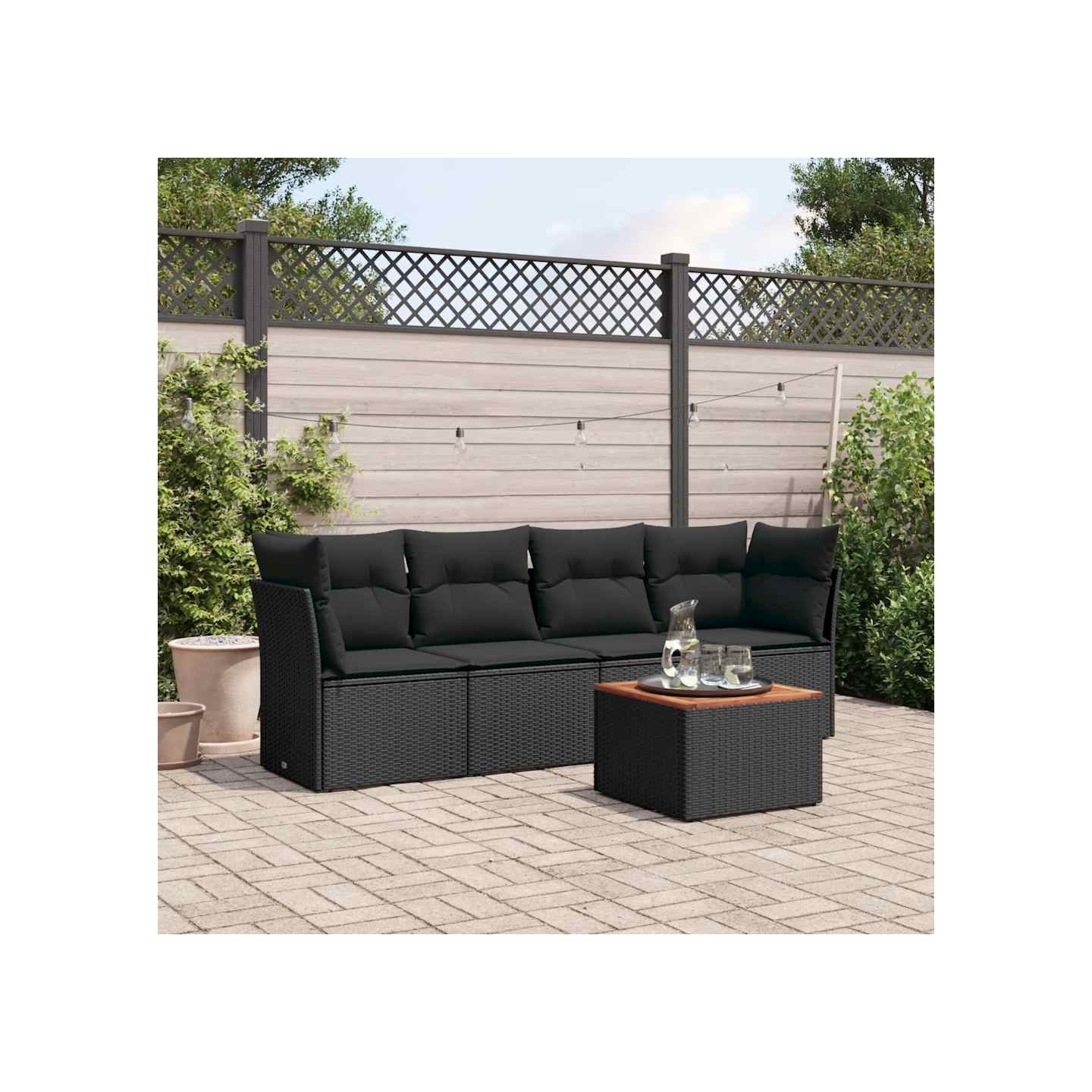 Salon de jardin 5 pcs avec coussins noir résine tressée