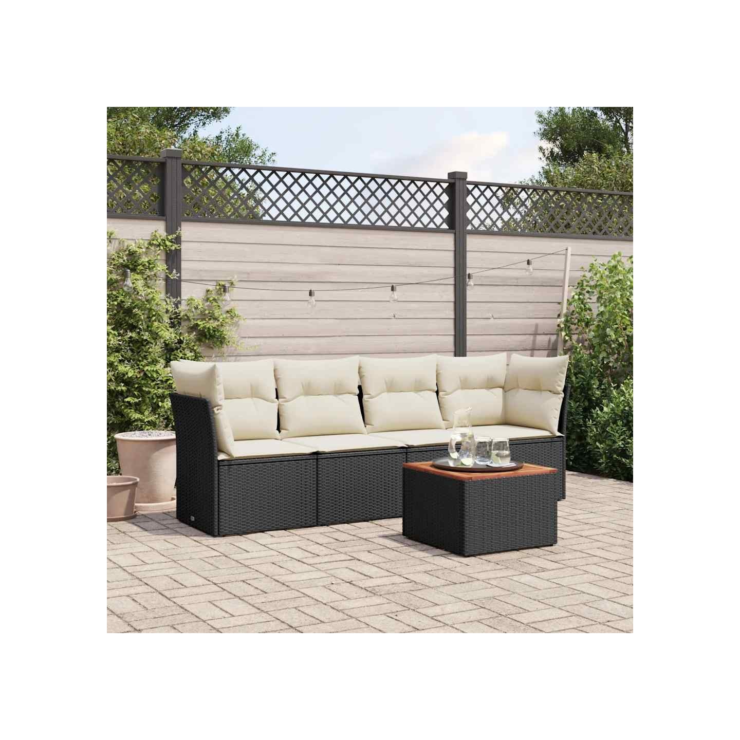 Salon de jardin 5 pcs avec coussins noir résine tressée