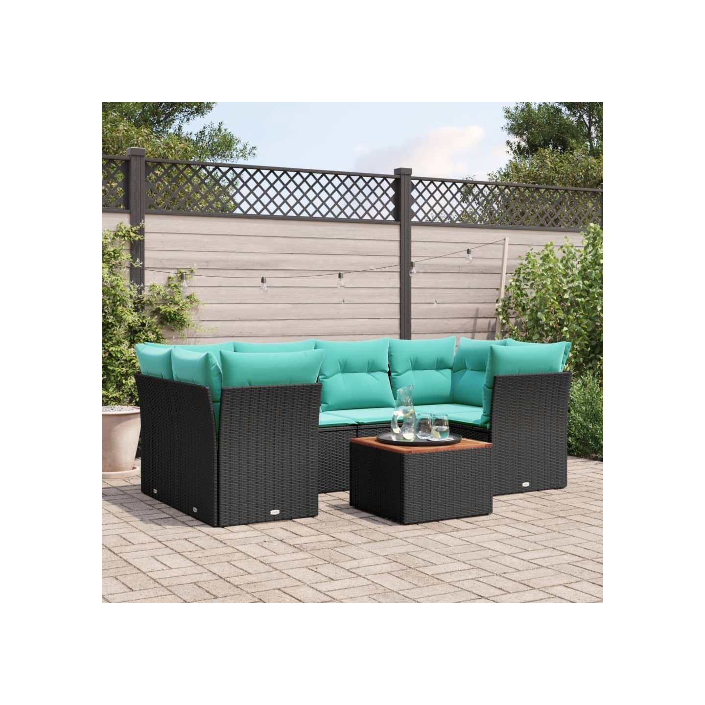 Salon de jardin 7 pcs avec coussins noir résine tressée