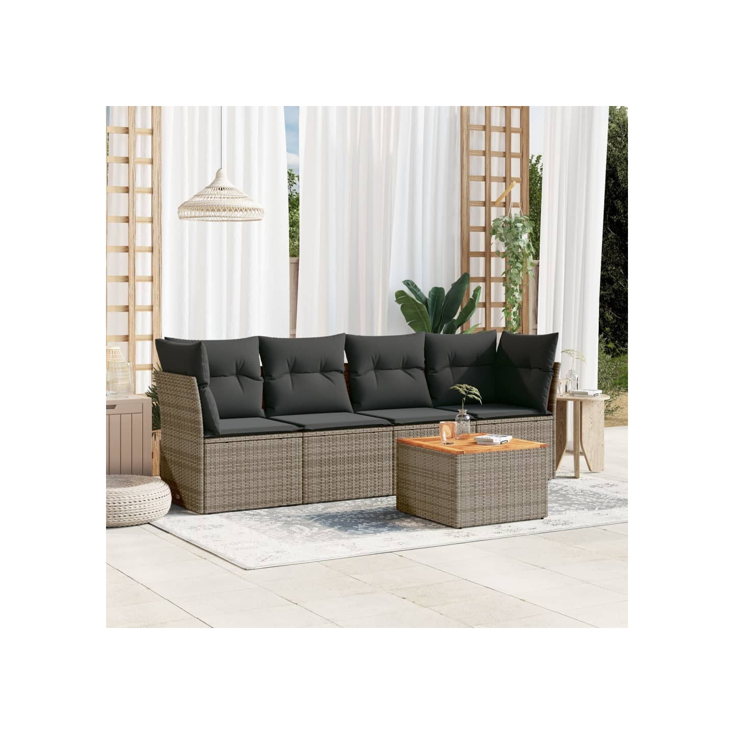Salon de jardin 5 pcs avec coussins gris résine tressée