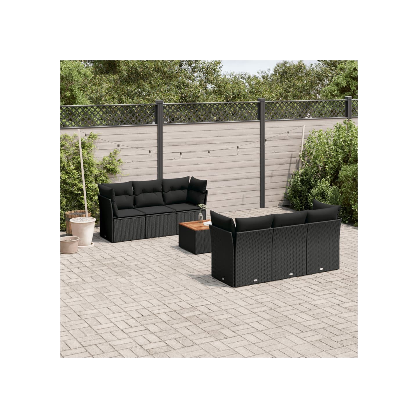 Salon de jardin 7 pcs avec coussins noir résine tressée