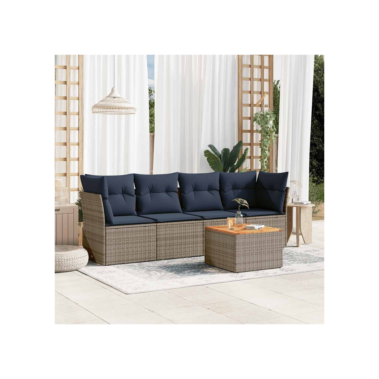 Salon de jardin 5 pcs avec coussins gris résine tressée