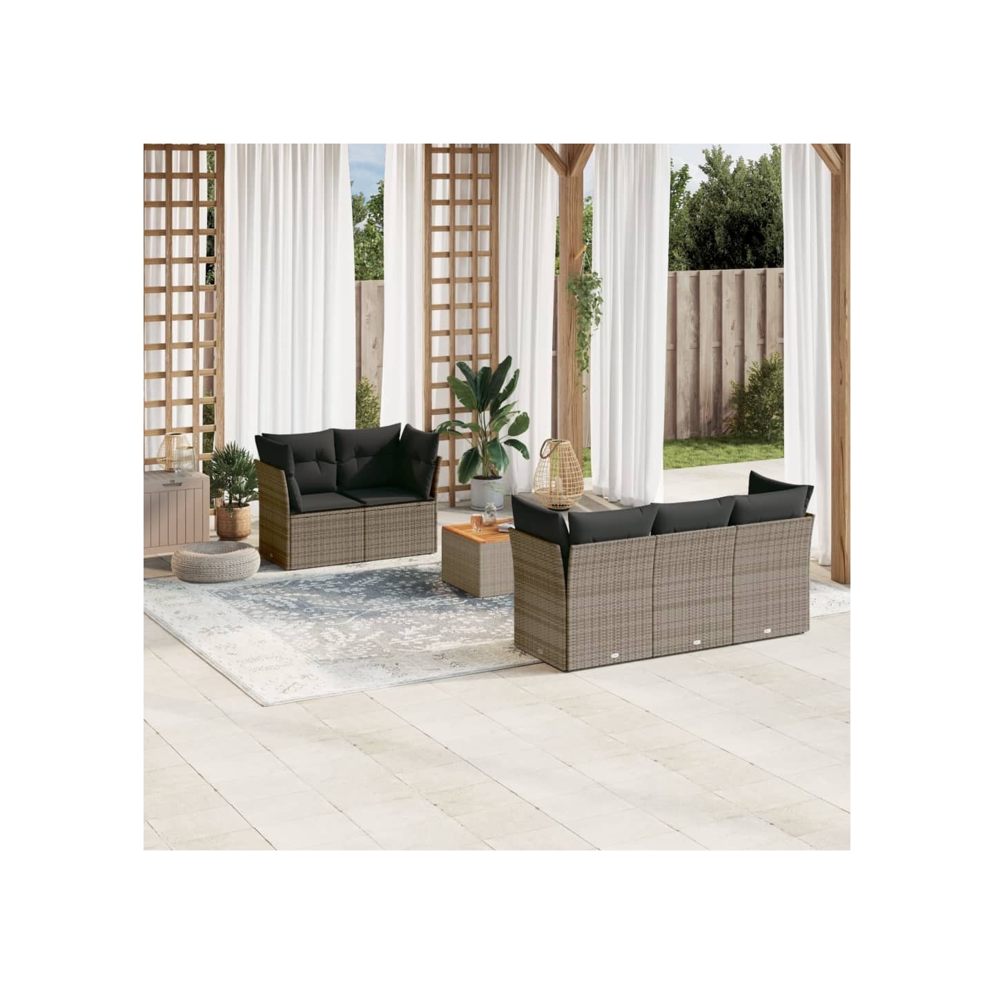 Salon de jardin 6 pcs avec coussins gris résine tressée
