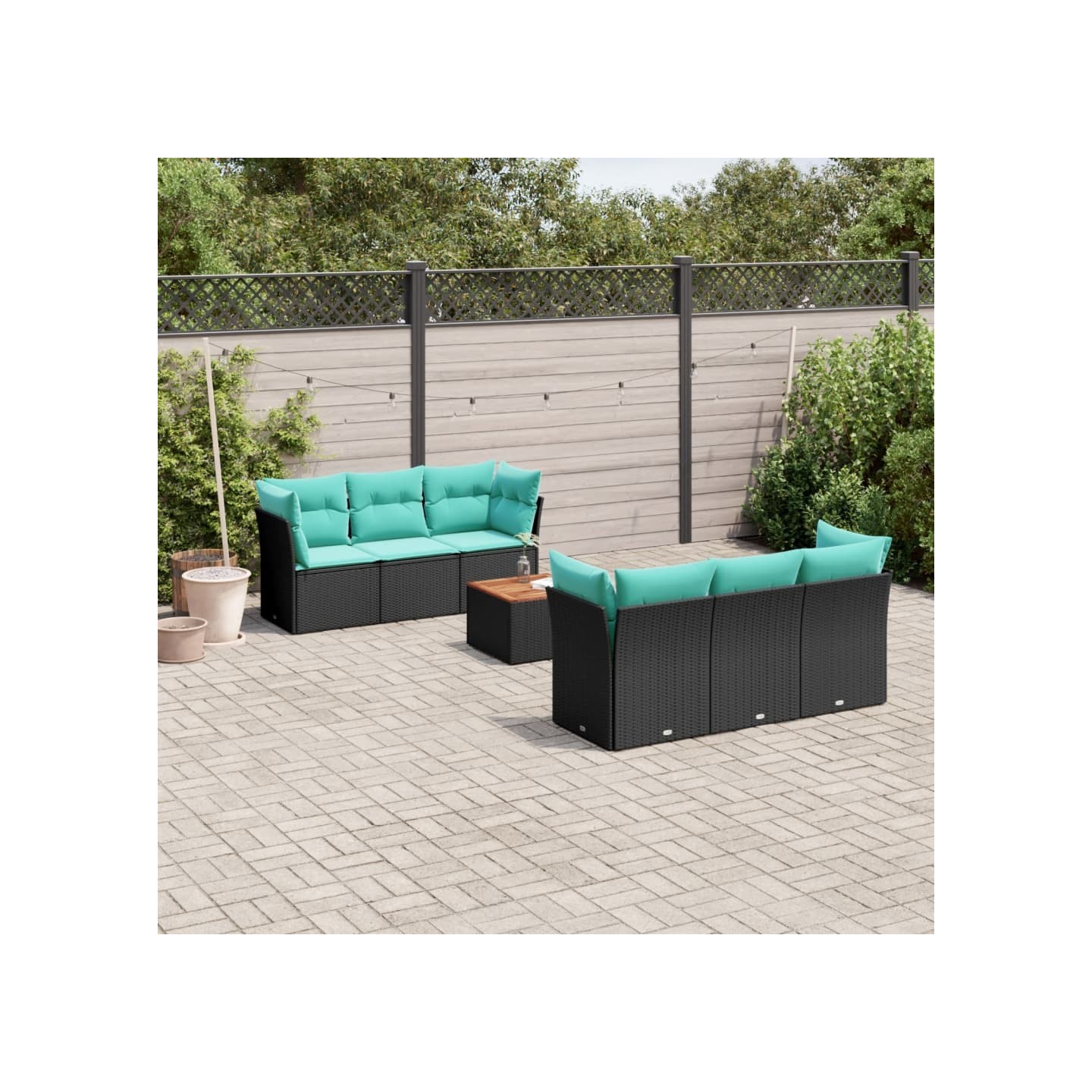 Salon de jardin 7 pcs avec coussins noir résine tressée
