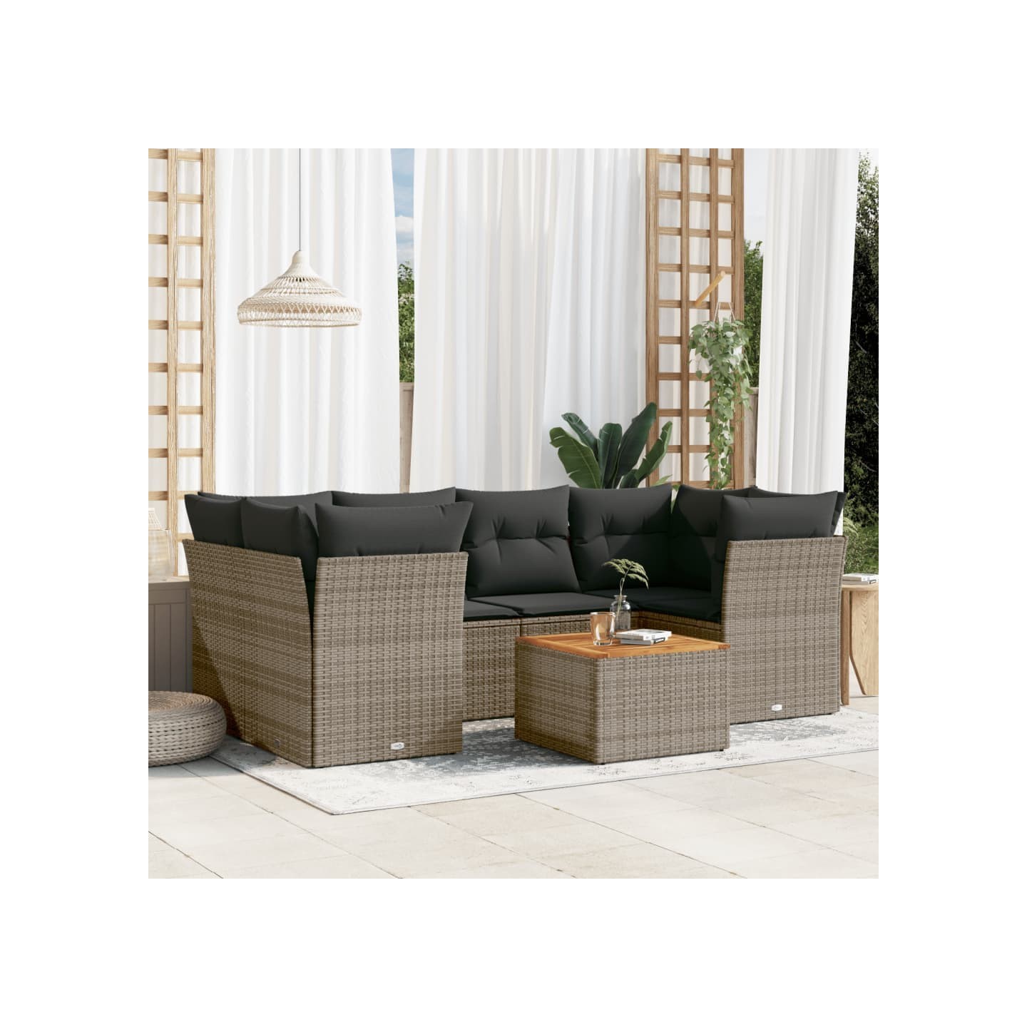 Salon de jardin avec coussins 7 pcs gris résine tressée
