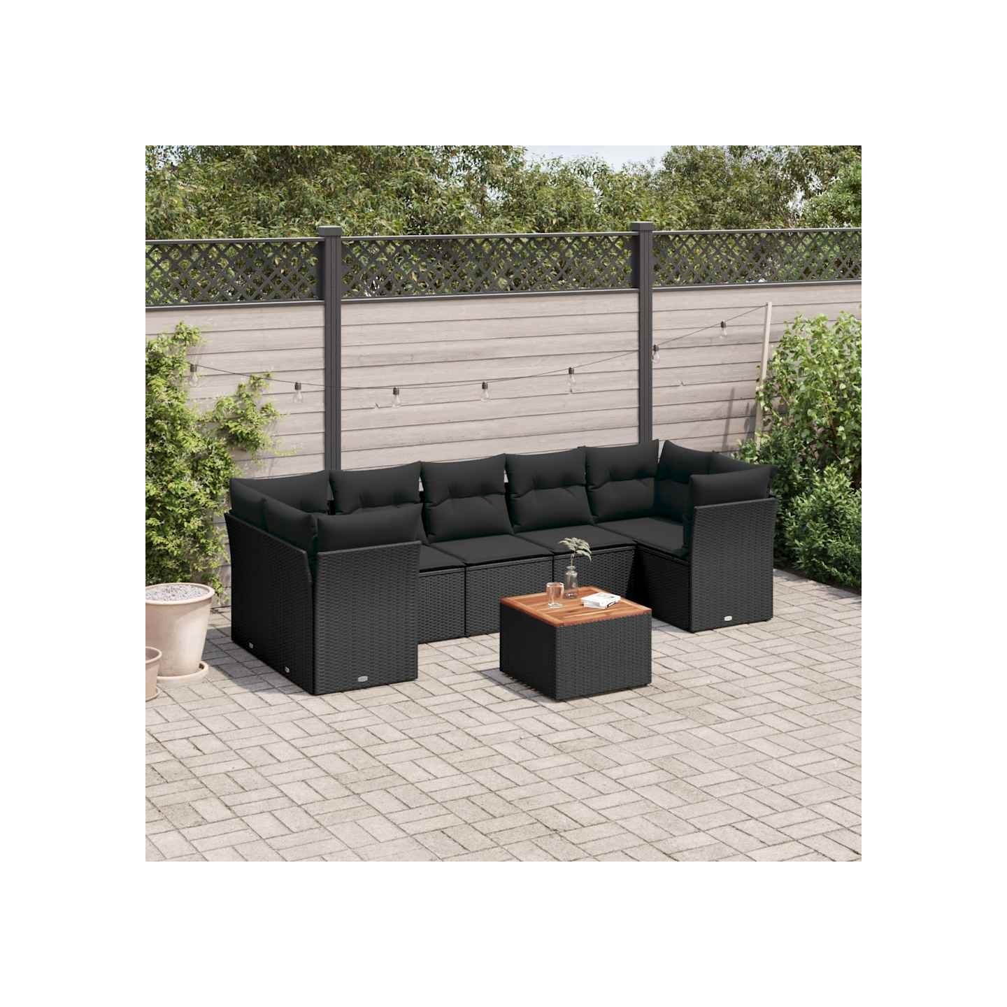 Salon de jardin 8 pcs avec coussins noir résine tressée