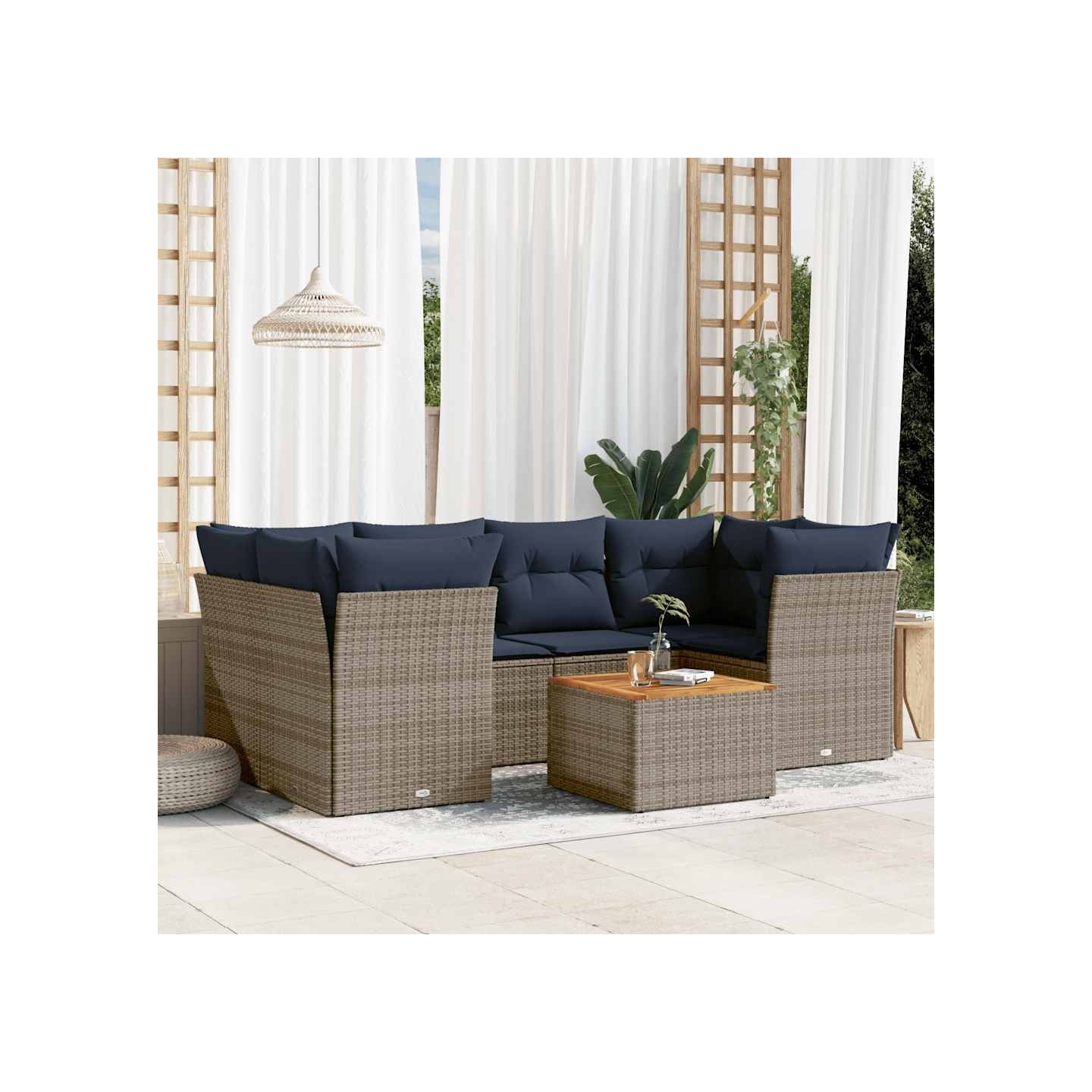 Salon de jardin 7 pcs avec coussins gris résine tressée