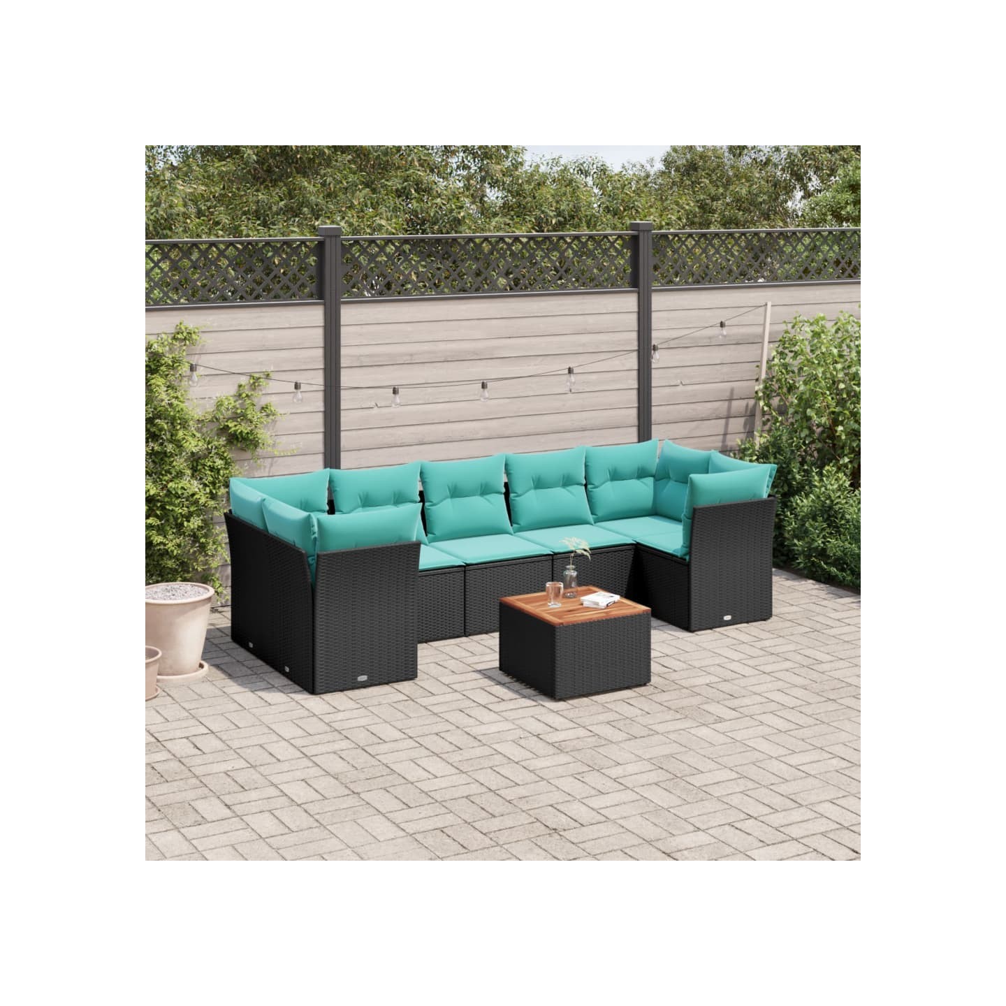 Salon de jardin 8 pcs avec coussins noir résine tressée