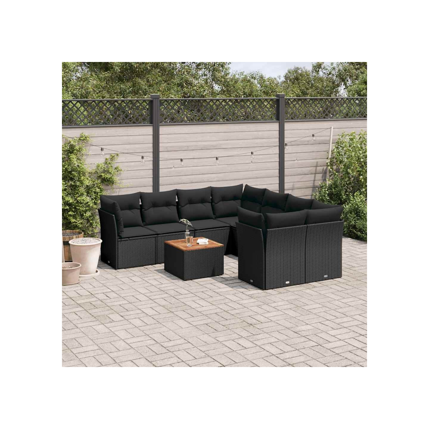Salon de jardin 9 pcs avec coussins noir résine tressée
