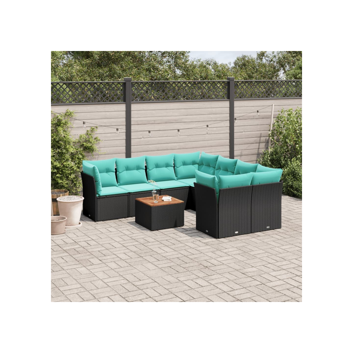 Salon de jardin 9 pcs avec coussins noir résine tressée