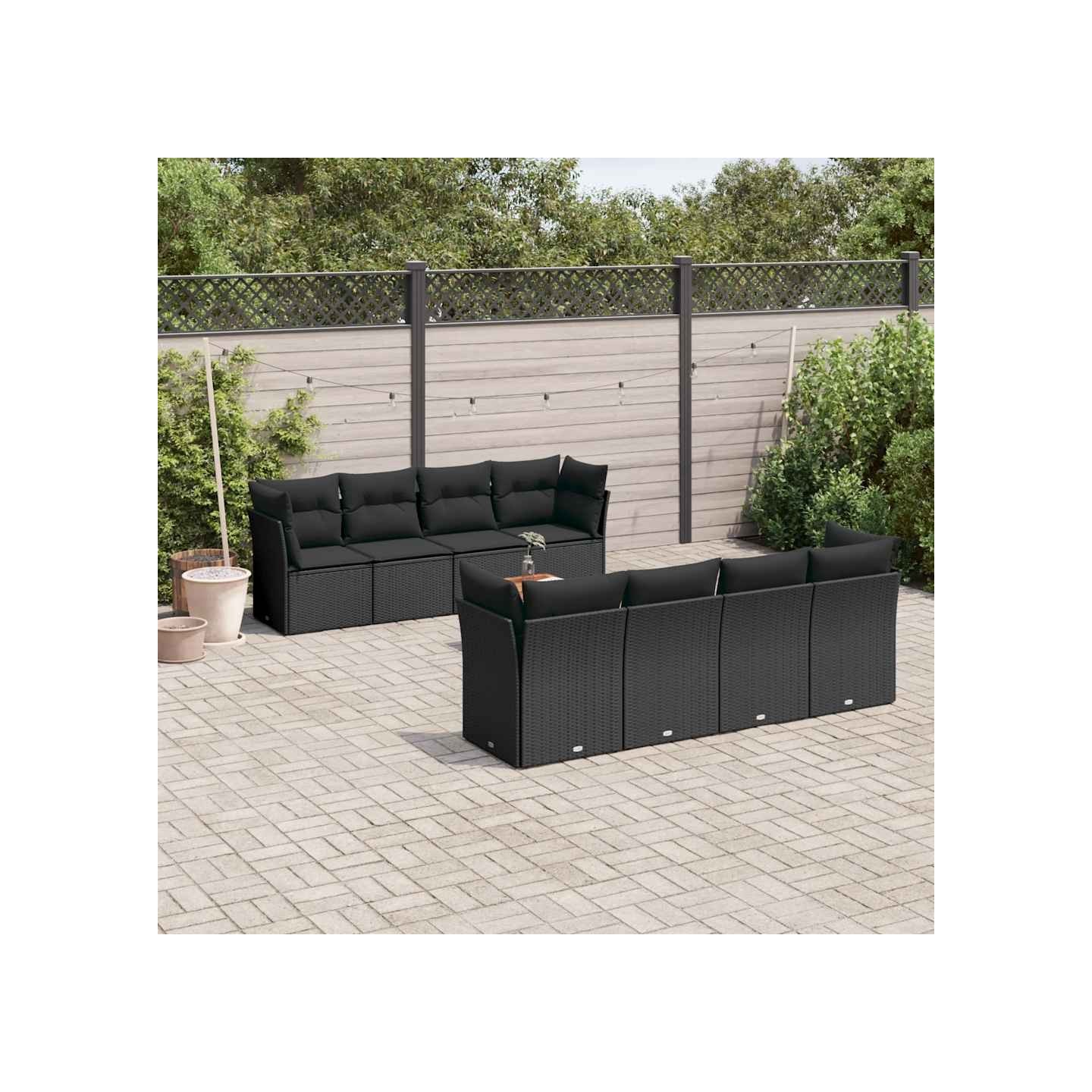Salon de jardin 9 pcs avec coussins noir résine tressée