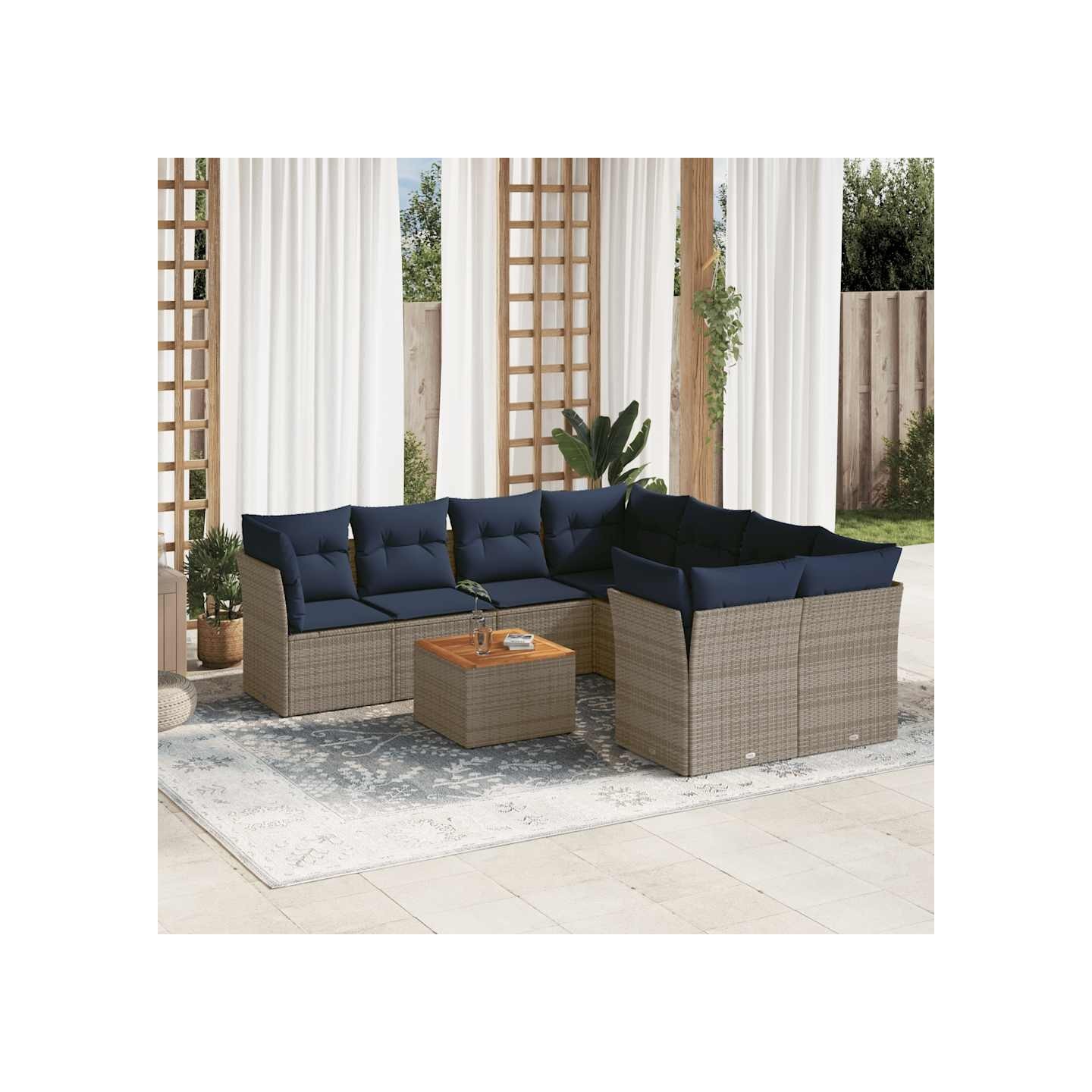 Salon de jardin 9 pcs avec coussins gris résine tressée