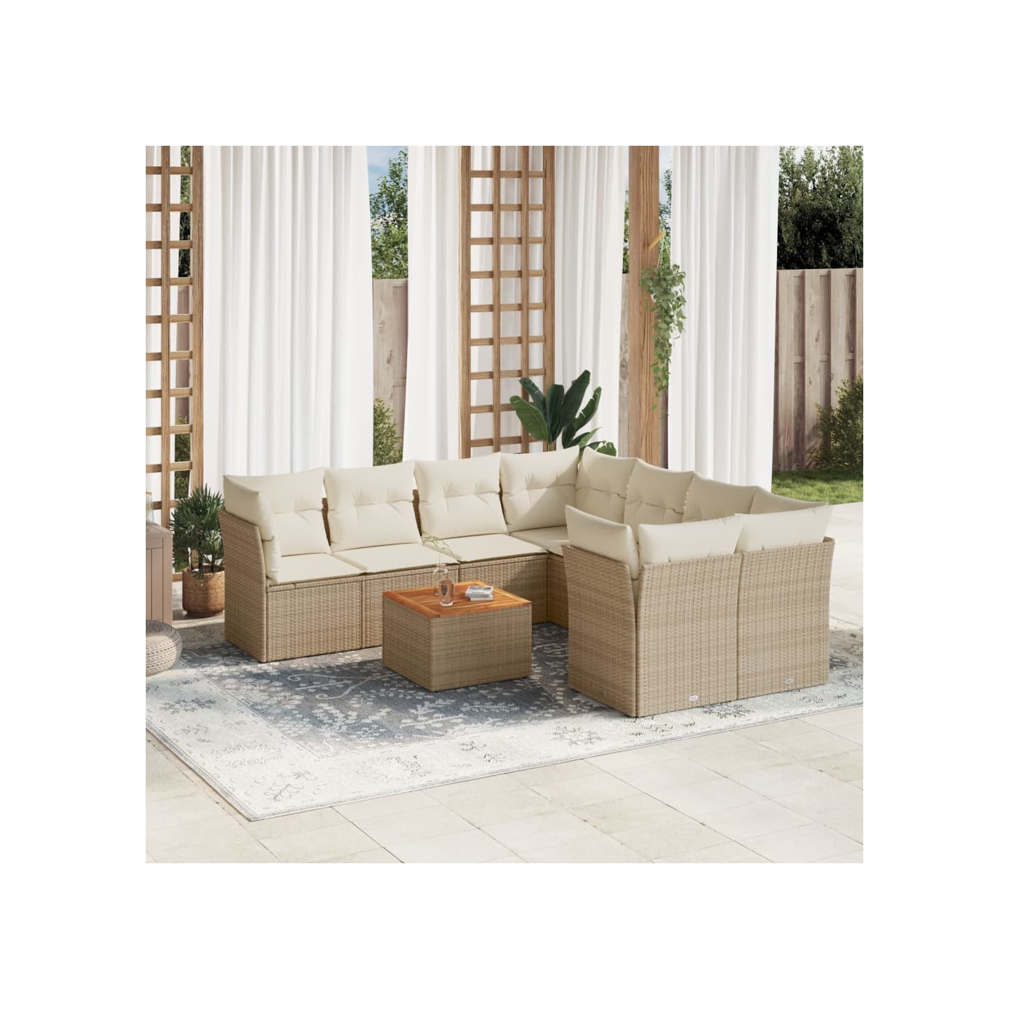 Salon de jardin avec coussins 9 pcs beige résine tressée