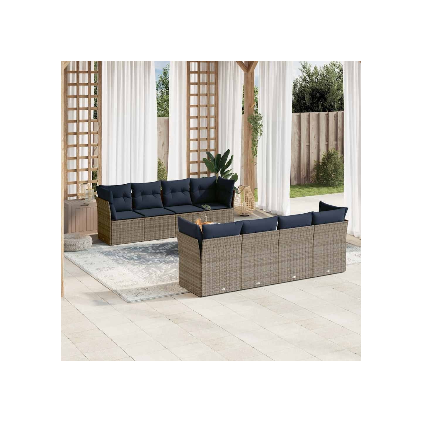 Salon de jardin 9 pcs avec coussins gris résine tressée