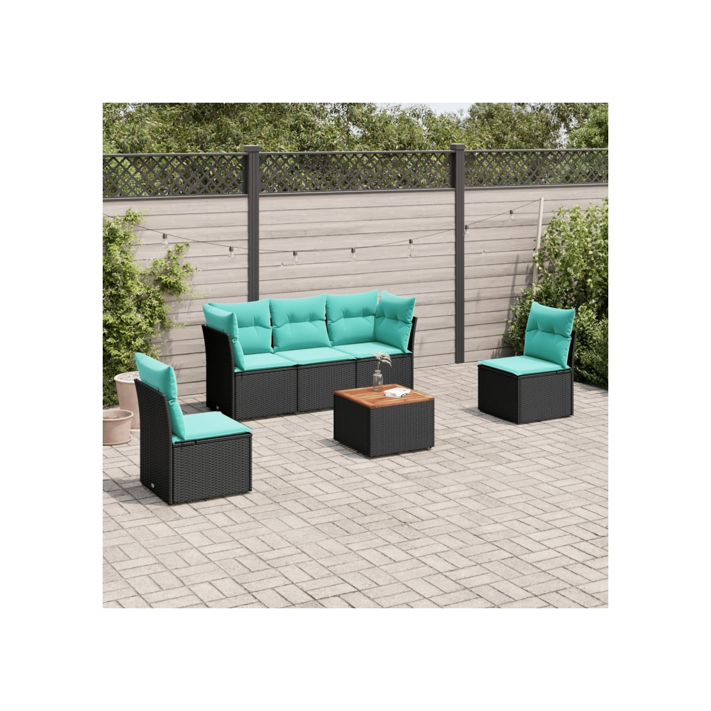 Salon de jardin 6 pcs avec coussins noir résine tressée