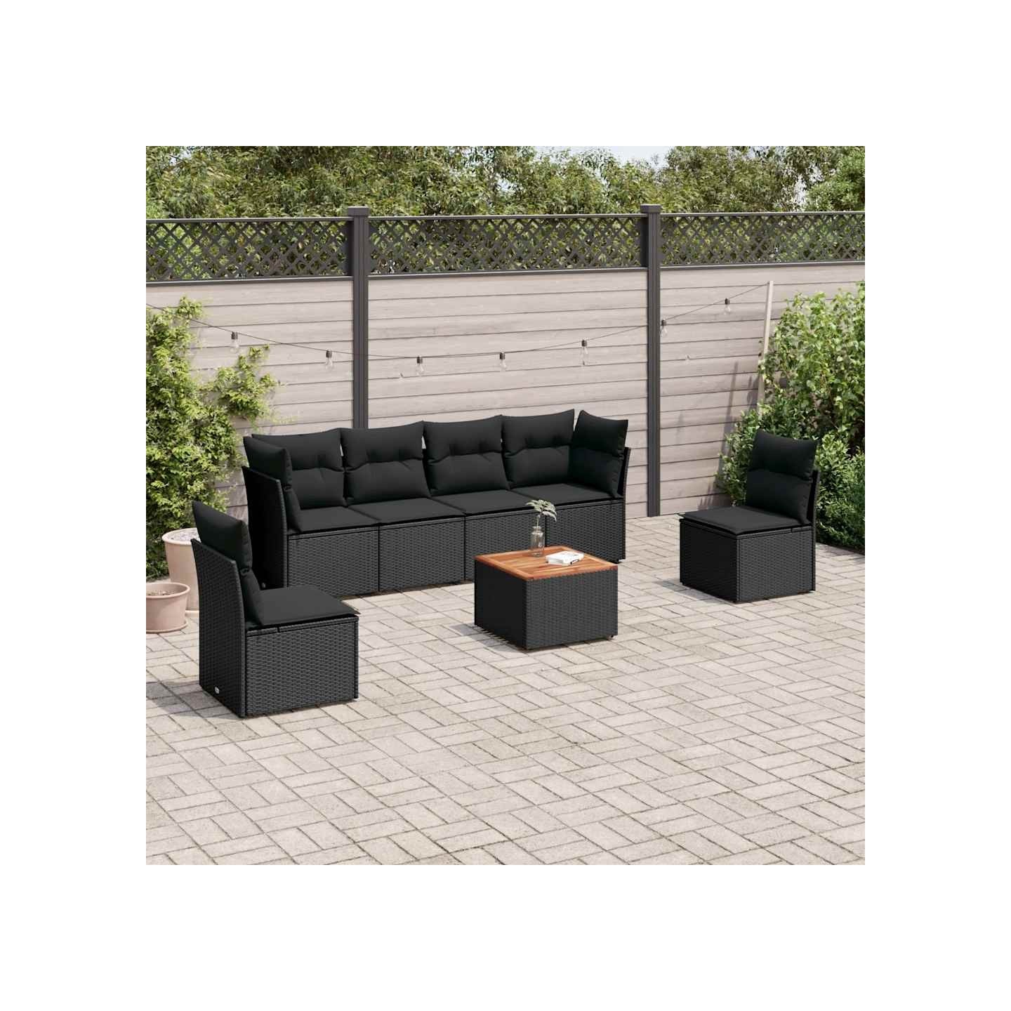 Salon de jardin 7 pcs avec coussins noir résine tressée