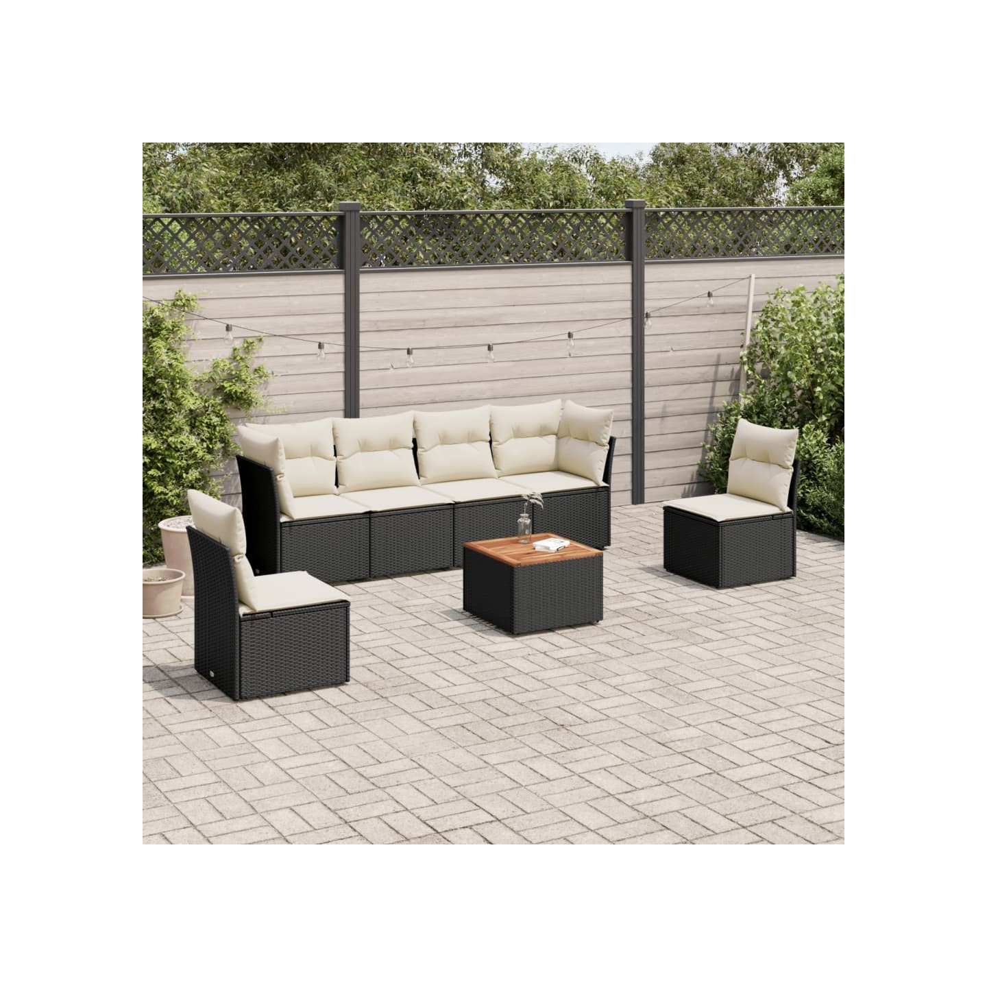 Salon de jardin 7 pcs avec coussins noir résine tressée