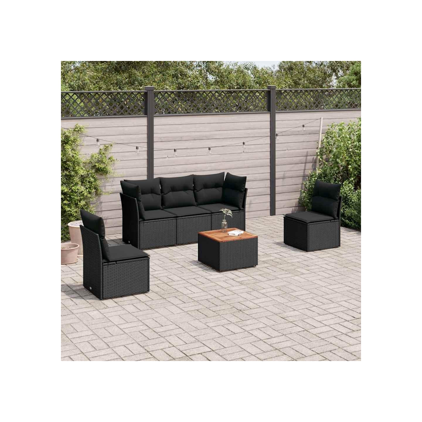 Salon de jardin 6 pcs avec coussins noir résine tressée