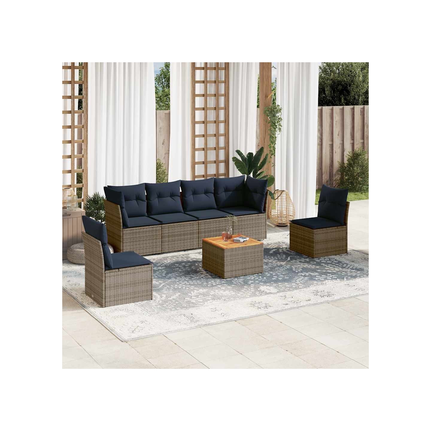 Salon de jardin 7 pcs avec coussins gris résine tressée