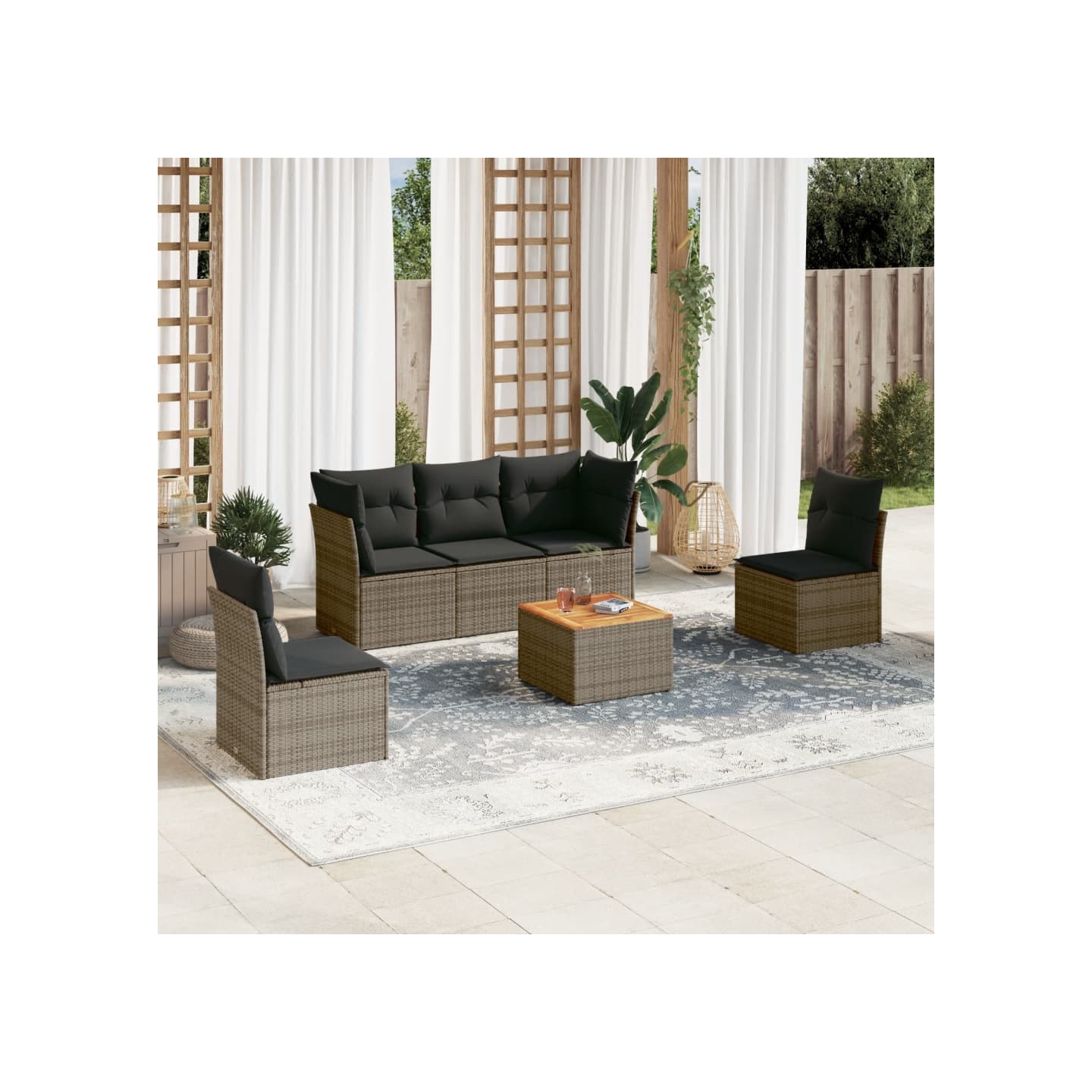 Salon de jardin 6 pcs avec coussins gris résine tressée