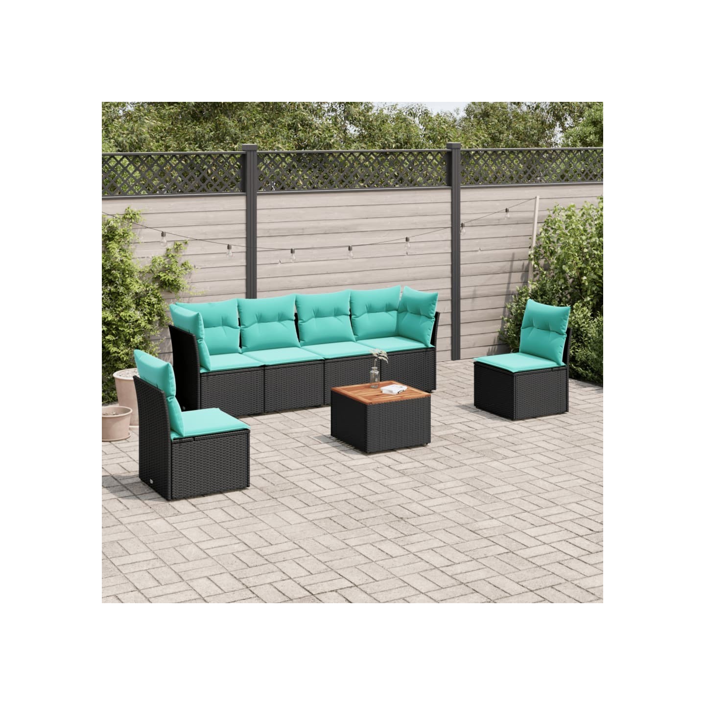 Salon de jardin 7 pcs avec coussins noir résine tressée