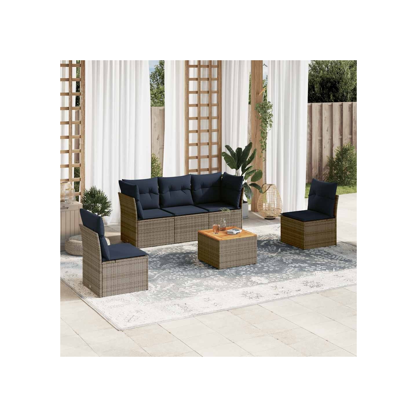 Salon de jardin 6 pcs avec coussins gris résine tressée