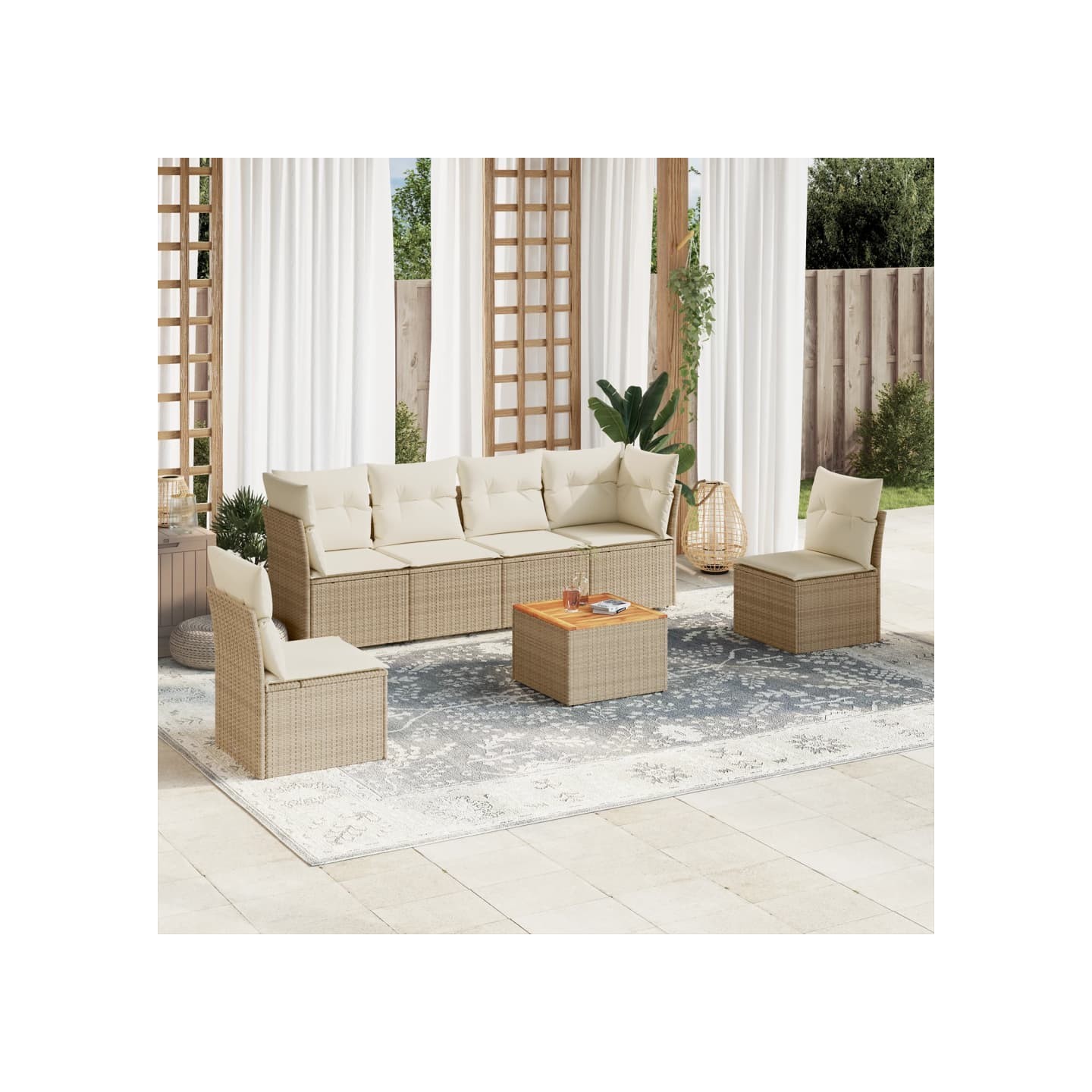 Salon de jardin avec coussins 7 pcs beige résine tressée