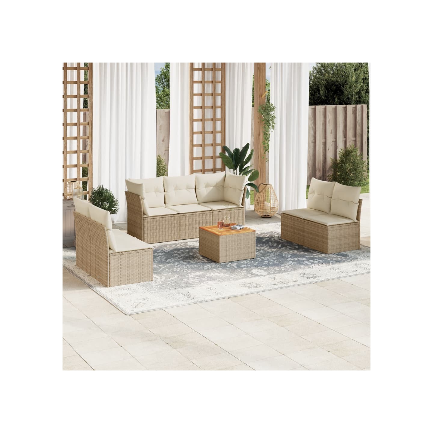 Salon de jardin avec coussins 8 pcs beige résine tressée