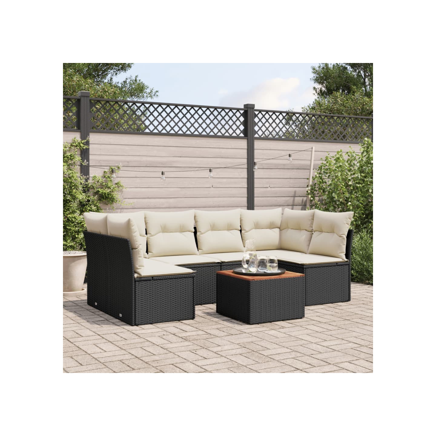 Salon de jardin 7 pcs avec coussins noir résine tressée