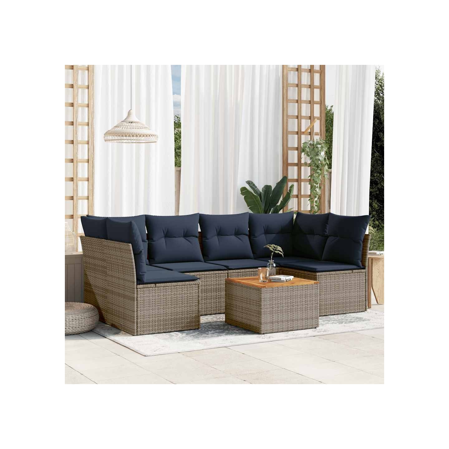 Salon de jardin 7 pcs avec coussins gris résine tressée
