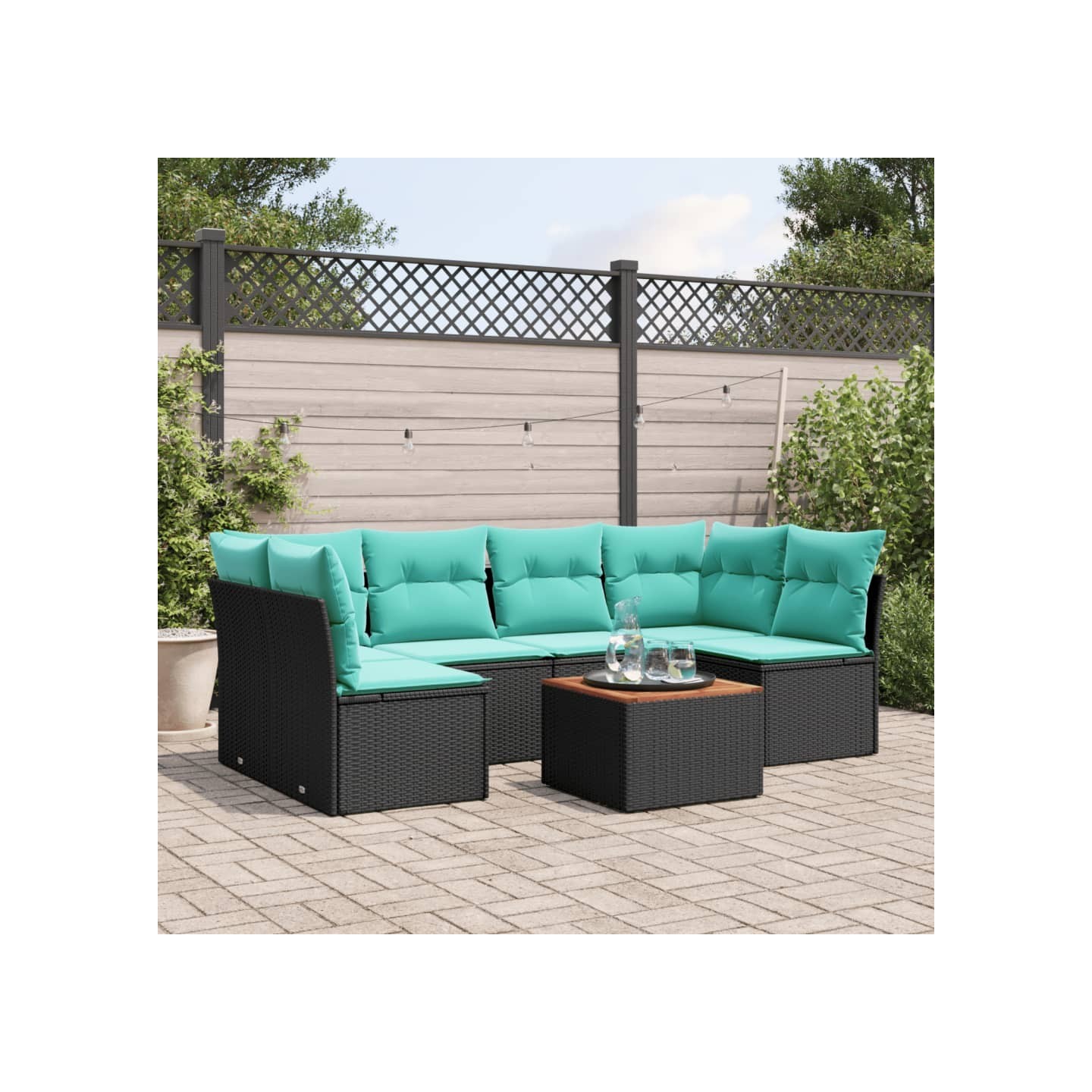 Salon de jardin 7 pcs avec coussins noir résine tressée