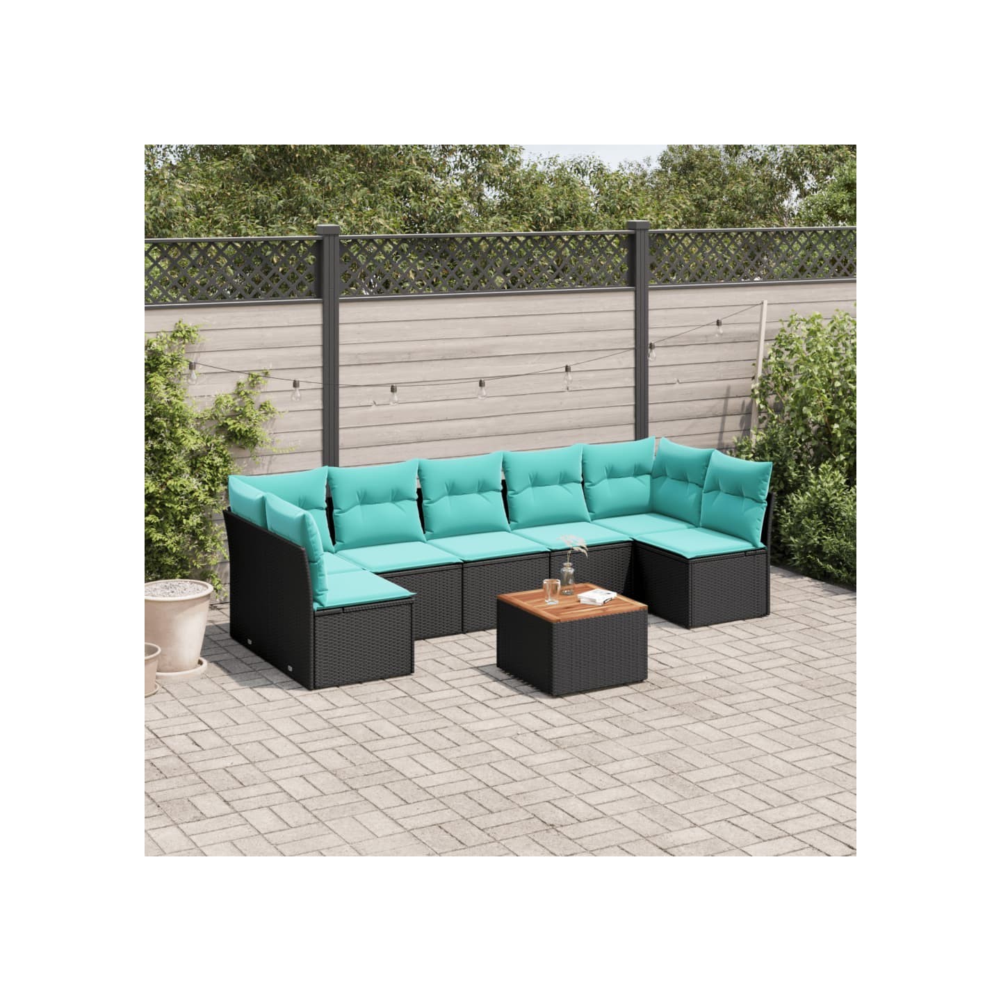 Salon de jardin 8 pcs avec coussins noir résine tressée